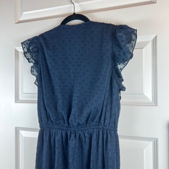 Walter Baker Navy Ruffle Jumpsuit XS Flutter Sleeve Swiss Dot Sheer Overlay - Picture 11 of 12